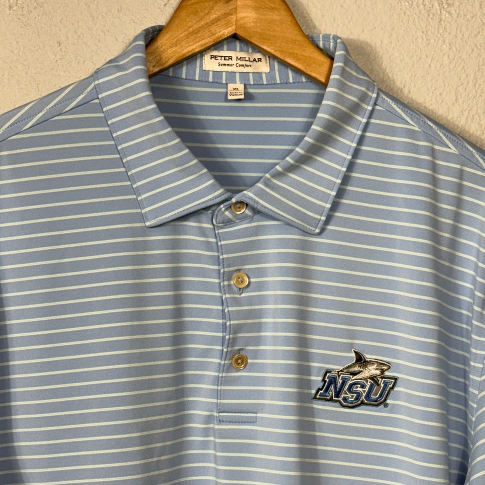 Peter Millar Light Blue & White Striped NSU Polo